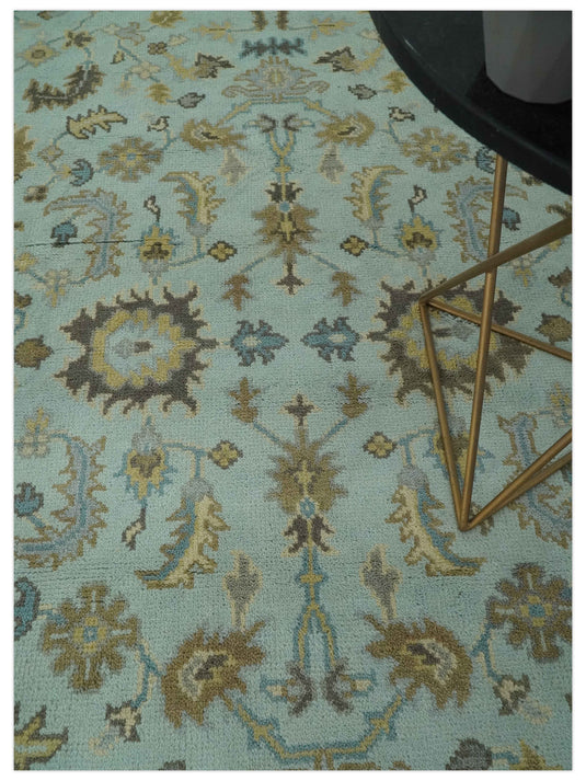 Custom Made Hand Knotted Traditional Floral Aqua, Beige, Gray And Charcoal Wool Area Rug