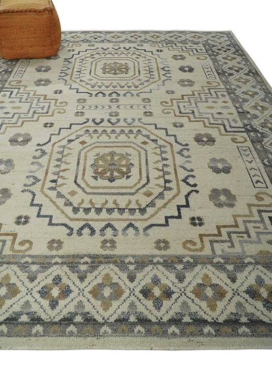 Traditional Medallion pattern Ivory, Gray and Charcoal Hand knotted 8x10 ft wool Area Rug