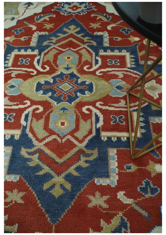 Custom Made Traditional Medallion Pattern Red, Blue, Ivory and Olive Hand Knotted wool Area Rug