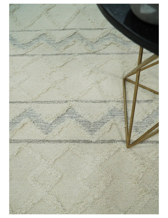 Custom Made Diagonal Stripes Ivory And Gray Hand Tufted Wool Area Rug