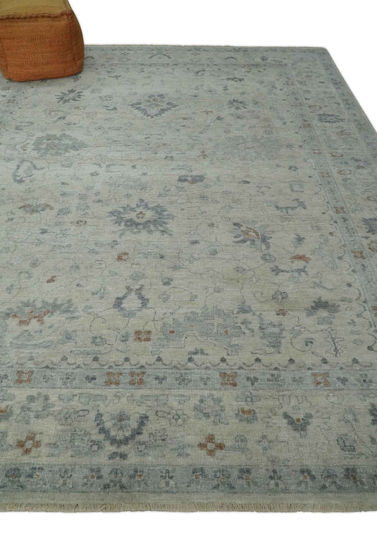 Custom Made Traditional Antique Floral Pattern Dark Cream And Gray Hand Knotted Wool Area Rug