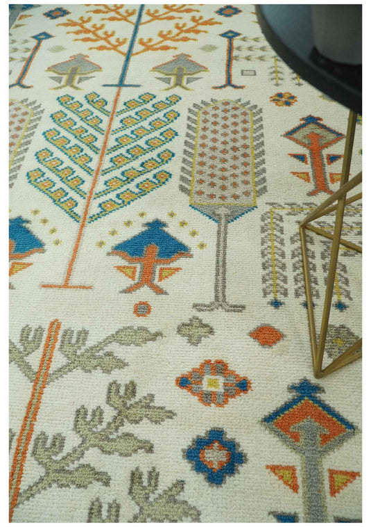 Tree Of Life Traditional Floral Ivory, Gray, Orange and Blue Hand Knotted 8x10 ft wool Area Rug