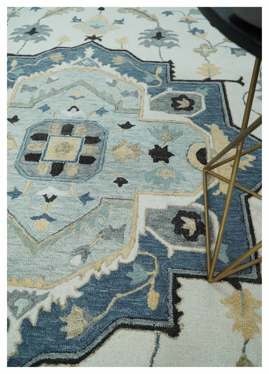 Custom Made Central Medallion Ivory, Camel, Blue, Gray And Black Hand Tufted Wool Area Rug