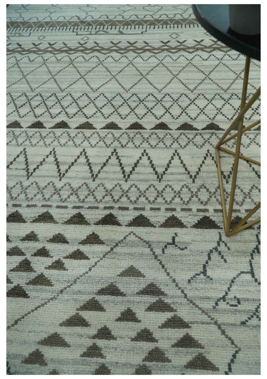 Custom Made Diamond Trellis Pattern Ivory And Charcoal Hand Knotted Wool Area Rug