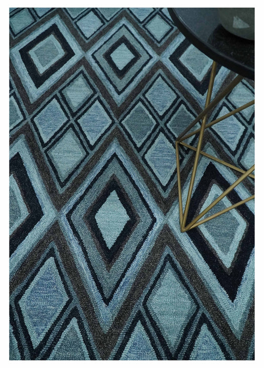 Custom Made Blue, Charcoal And Black Geometrical Harlequin Pattern Hand Tufted Wool Area Rug