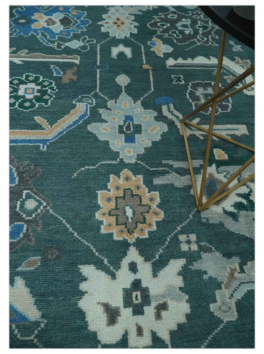 Custom Made Traditional Oushak Pattern Dark Teal, Blue And Beige Hand Knotted Wool Area Rug