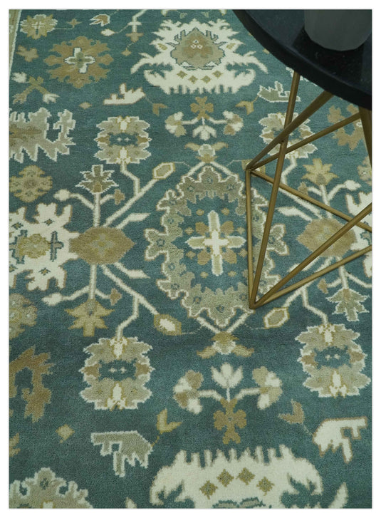 Custom Made Hand Knotted Classic Floral Motifs Oushak Rug Deep Green, Ivory And Olive Wool Area Rug