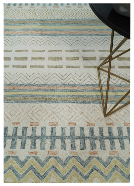 Custom Made Geometrical Pattern Ivory, Blue, Brown And Olive Hand Tufted  Wool Area Rug