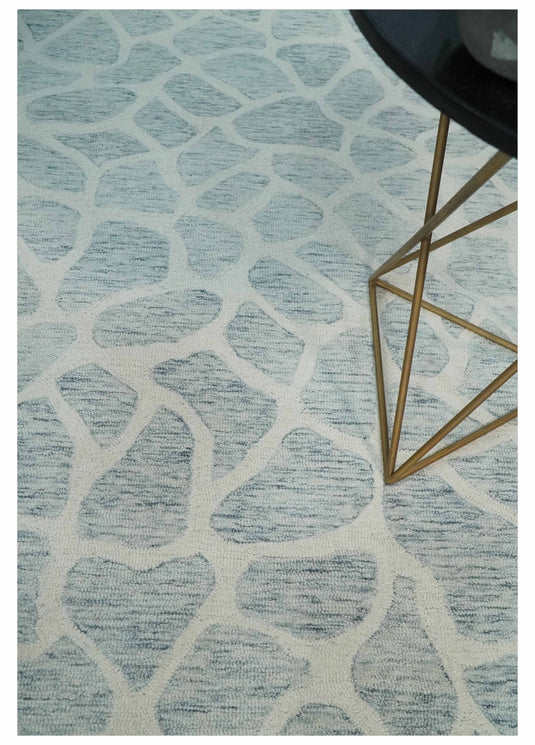 Custom Made Ivory, Gray And Blue Giraffe Pattern Hand Tufted Wool Area Rug