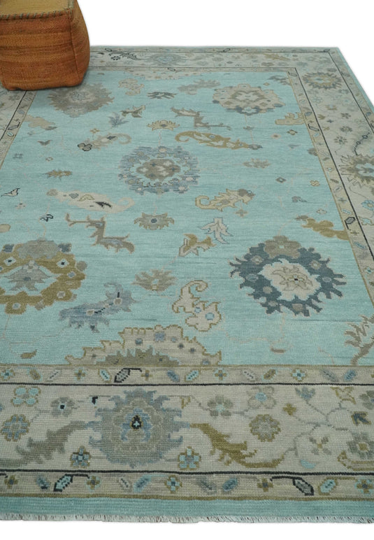 Custom Made Traditional Oushak Hand Knotted Light Blue And Ivory Wool Area Rug