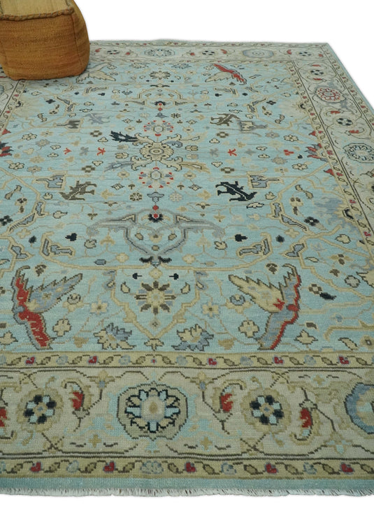 Vintage Antique Oushak Light Blue, Beige And Red Hand Knotted 8x10 ft Bedroom, Living Room Rug Wool Area Rug