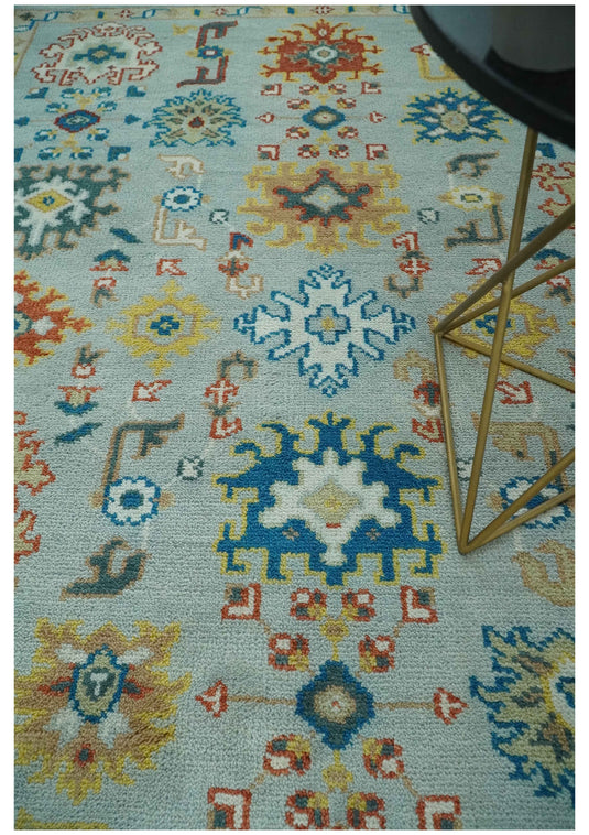 Vibrant Colorful Silver, Rust, Blue And Gold Oushak Hand Knotted 8x10 ft wool Area Rug