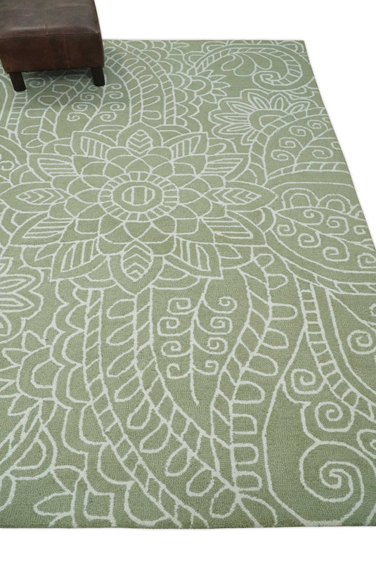 Custom Made Olive Green And Ivory Hand Tufted  Wool Area Rug