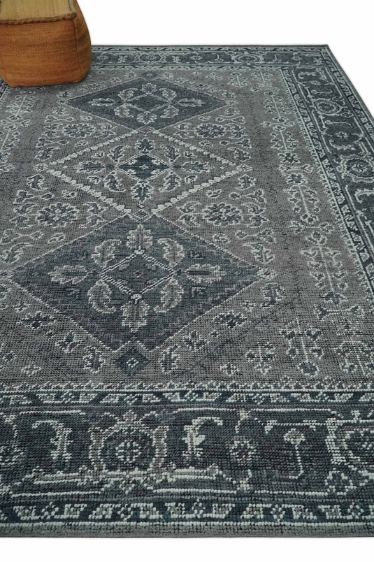 Traditional Antique Pattern Gray And Charcoal Hand Knotted 8x10 ft Bedroom, Living Room Rug Wool Area Rug