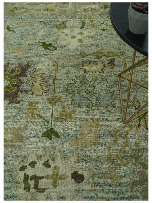 Custom Made Hand Knotted Floral Green And Gray Wool Area Rug