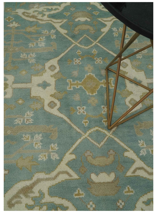 Custom Made Hand Knotted Oriental Oushak Beige, Ivory And Teal Wool Area Rug