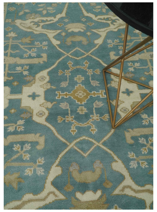 Custom Made Hand Knotted Classic Oushak Beige, Ivory And Dark Teal Wool Area Rug