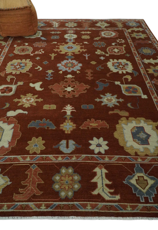 Custom Made Hand Knotted Oriental Oushak Maroon, Beige, Ivory And Blue Wool Area Rug