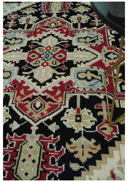 Traditional Pattern Black, Beige, Ivory and Red Hand Knotted 8x10 ft wool Area Rug