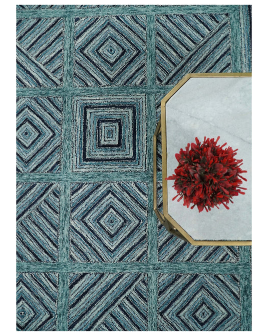 Custom Made Modern Geometric Teal, Charcoal And Ivory Hand Tufted Wool Area Rug