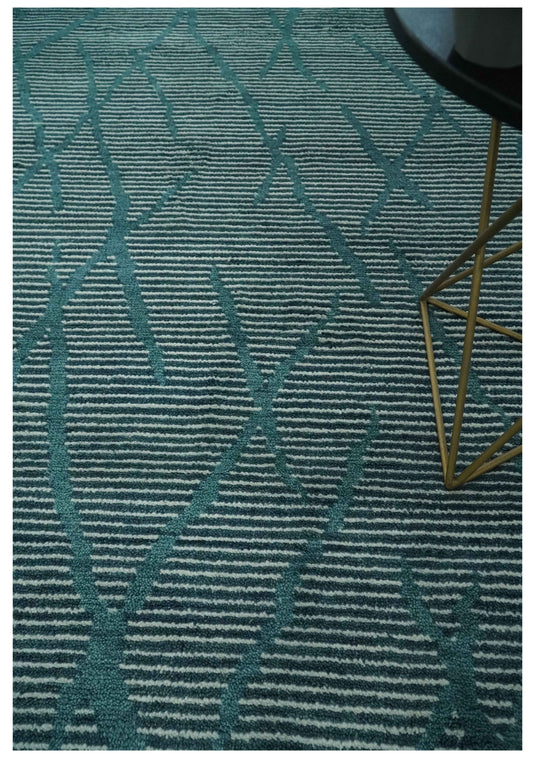 Custom Made Modern Horizontal Stripes Teal Hand Knotted Wool Area Rug