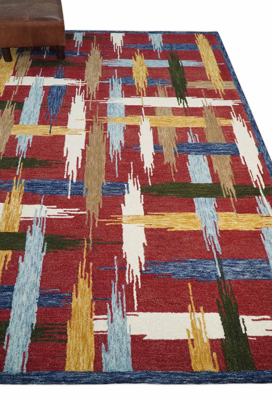 Custom Made Abstract Pattern Maroon, Ivory, Brown And Blue Hand Tufted  Wool Area Rug