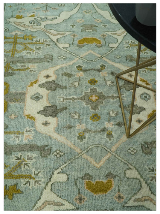 Custom Made Hand Knotted Oriental Oushak Aqua, Olive, Gray And Ivory Wool Area Rug