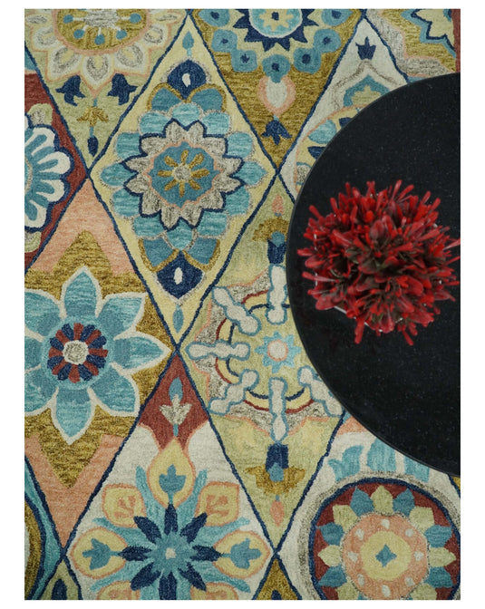 Custom Made Moroccan Trellis Pattern Multicolor Hand Tufted Wool Area Rug