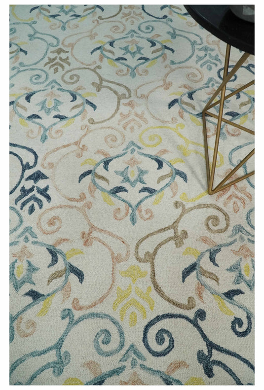 Custom Made Floral Pattern Ivory, Blue, Yellow And Brown Hand Tufted  Wool Area Rug