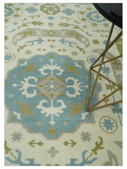 Ivory, Blue, Gray And Olive Traditional Medallion Mamluk Hand Knotted 6x9 ft wool Area Rug