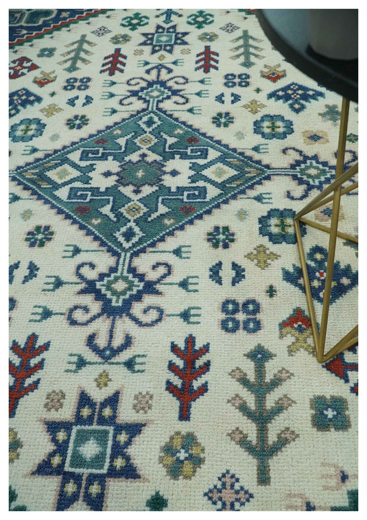 Tribal Pattern Ivory, Blue and Red Hand Knotted 8x10 ft wool Area Rug