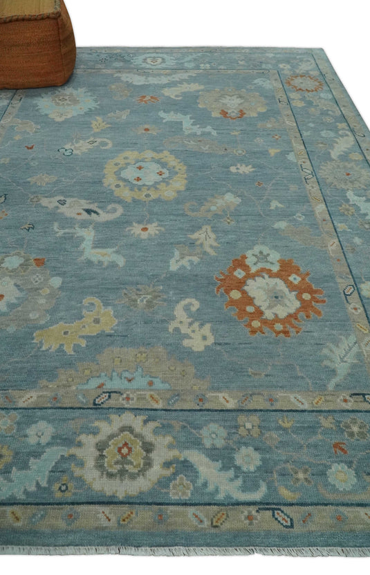 Custom Made Antique Floral Oushak Hand Knotted Gray, Beige, Blue And Rust Wool Area Rug