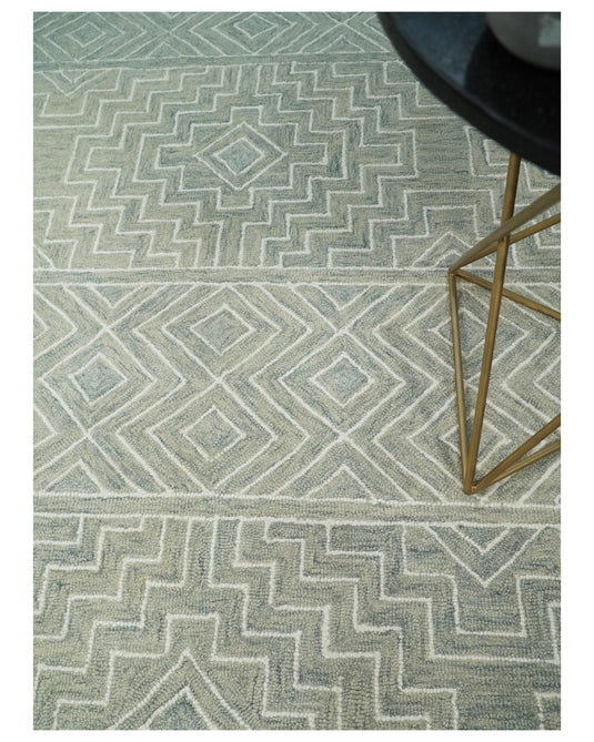 Custom Made Geometrical Beige And Ivory Hand Tufted Wool Area Rug