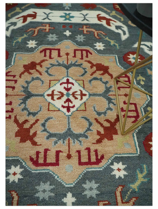 Custom Made Geometrical Pattern Gray, Light Peach, Ivory And brown Hand Knotted  Wool Area Rug