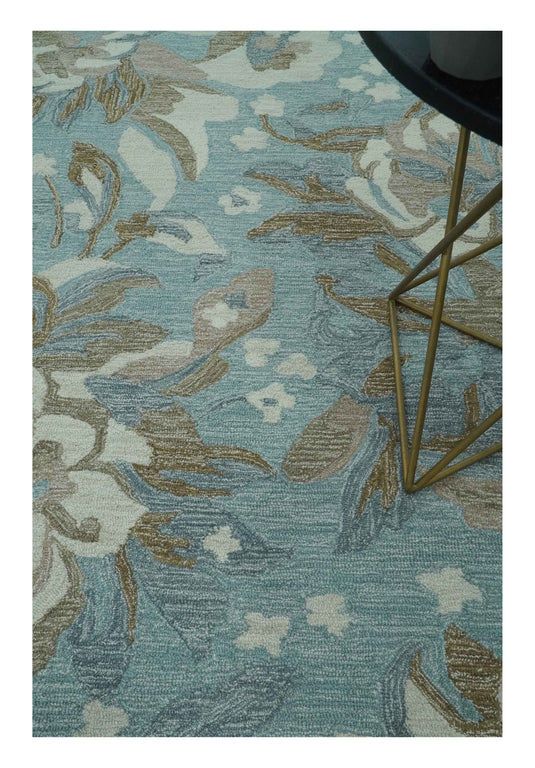 Hand Tufted Floral Blue, Ivory, Brown And Gray Rug 8x10 ft Ideal for Living, Bedroom And Dining Rooms