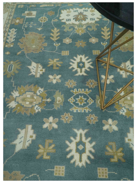 Custom Made Hand Knotted Teal, Beige And Olive Classic Oriental Oushak Rug Wool Area Rug