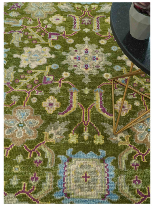 Custom Made Hand Knotted Green, Blue And Purple Herati Wool Area Rug