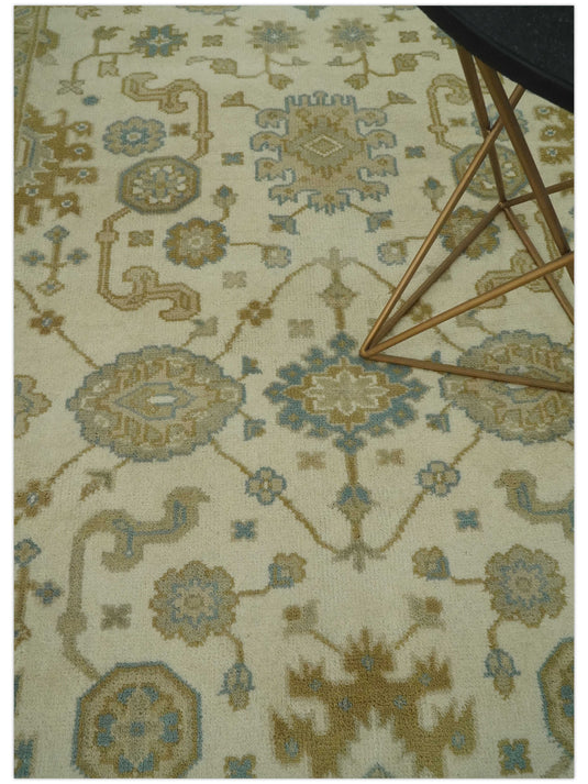 Custom Made Hand Knotted Oushak Cream, Beige, Ivory, Blue And Gold Wool Area Rug