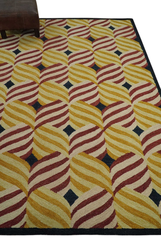 Custom Made Gold, Maroon, Black And Yellow Modern Stripes Pattern Hand Tufted Wool Area Rug