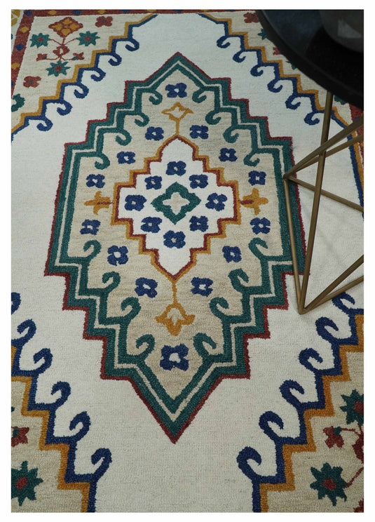 Custom Made Traditional Medallion Pattern Ivory, Green, Blue And Rust Hand Tufted  Wool Area Rug