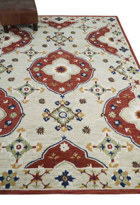 Custom Made Ivory, Maroon, Olive And Blue Hand Tufted  Wool Area Rug