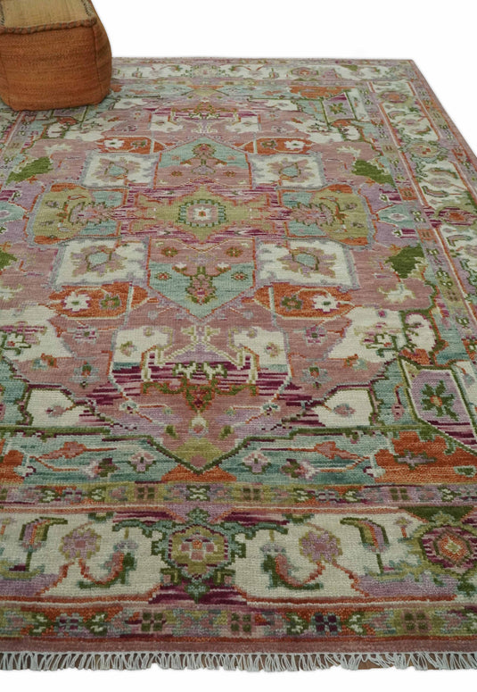 HandKnotted Heriz Rug Pink and Ivory Ideal for Living, Bedroom, and Dining Rooms 5x8, 6x9, 8x10, 9x12 and 10x14 Wool Rug