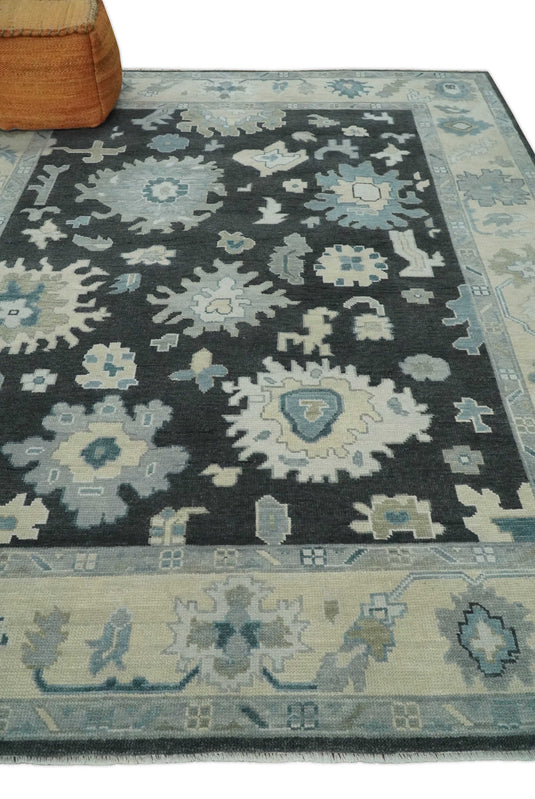 Custom Made Oriental Oushak Hand Knotted Black, Ivory And Gray Wool Area Rug