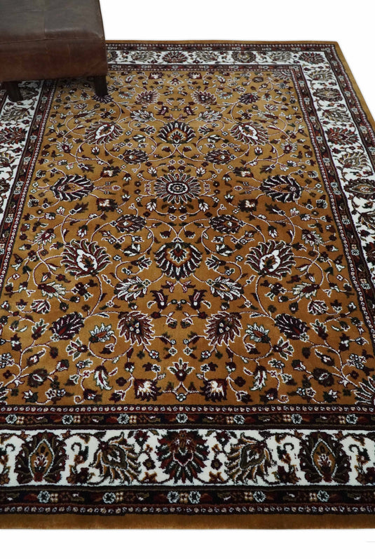 Traditional Floral Brown And White Hand Woven 5x7 ft Bedroom, Living Room Rug Wool Area Rug