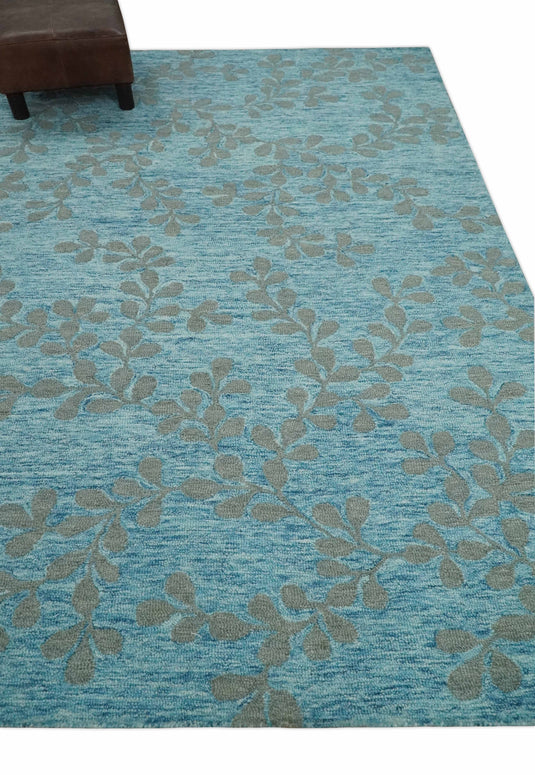 Custom Made Traditional Floral Pattern Light Blue And Gray Hand Tufted  Wool Area Rug