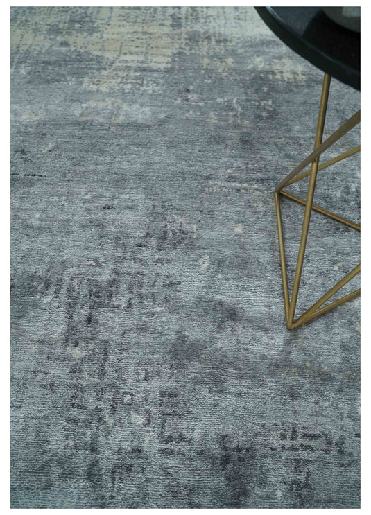 Modern Abstract Gray And Charcoal Hand Knotted 5.9x8.5 ft Bedroom, Living Room Rug Bamboo Silk Area Rug