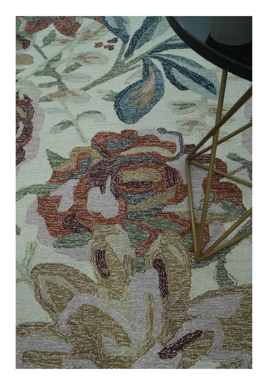 Hand Tufted Floral Green, Blue, Pink And Rust Rug 8x10 ft Ideal for Living, Bedroom And Dining Rooms