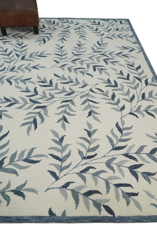 Custom Made Ivory, Gray And Charcoal Leaves Pattern Hand Tufted  Wool Area Rug