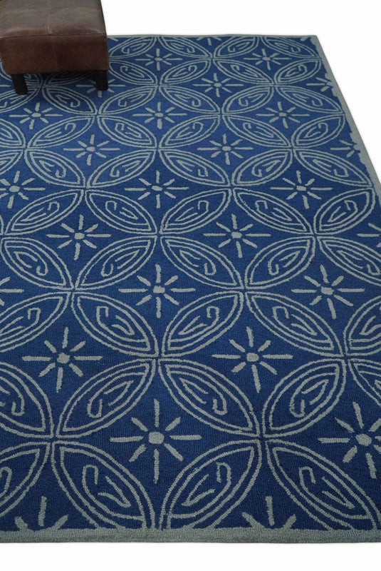 Custom Made Geometrical Pattern Blue And Gray Hand Tufted  Wool Area Rug