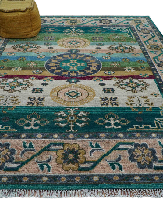 Traditional Khotan Design Beige And Teal 8x10 ft Hand Knotted Wool Area Rug